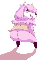 Size: 579x819 | Tagged: dead source, suggestive, artist:へびちゃん, reese (animal crossing), alpaca, mammal, anthro, animal crossing, nintendo, bottomless, butt, camelid, clothes, female, fluff, looking at you, looking back, looking back at you, neck fluff, nudity, open mouth, open smile, partial nudity, presenting, presenting ass, rear view, smiling, solo, solo female, tongue, tongue out, topwear