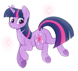 Size: 2180x2000 | Tagged: safe, artist:higglytownhero, twilight sparkle (mlp), equine, fictional species, mammal, pony, unicorn, feral, friendship is magic, hasbro, my little pony, 2021, butt, cute, eye through hair, eyelashes, female, hair, high res, horn, mare, multicolored hair, multicolored mane, multicolored tail, purple body, purple eyes, simple background, solo, solo female, tail, white background