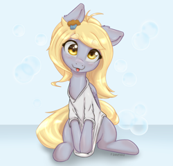 Size: 1500x1431 | Tagged: safe, artist:inky_mitts, artist:inkypuso, derpy hooves (mlp), equine, fictional species, mammal, pegasus, pony, feral, friendship is magic, hasbro, my little pony, 2022, :p, alternate hairstyle, blep, blonde hair, blonde mane, blonde tail, blushing, bubble, clothes, cute, feathered wings, feathers, female, folded wings, gray body, hair, hair accessory, looking at you, mane, mare, shirt, shirt pull, solo, solo female, t-shirt, tail, tongue, tongue out, topwear, wings