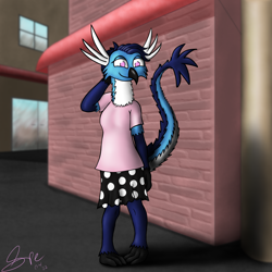 Size: 4096x4096 | Tagged: safe, artist:spe, oc, oc only, oc:fay (rhp), bird, hybrid, reptile, snake, anthro, plantigrade anthro, 2022, absurd resolution, blue feathers, bottomwear, clothes, detailed background, digital art, eyelashes, feathers, female, front view, long tail, looking at you, pink shirt, shirt, signature, skirt, smiling, solo, solo female, standing, tail, topwear, white feathers