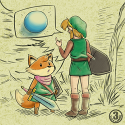 Size: 2000x2000 | Tagged: safe, artist:chooy64, link (zelda), ruin seeker (tunic), canine, fox, human, mammal, red fox, anthro, nintendo, the legend of zelda, tunic (game), duo, duo male, grass, male, males only, orb, outdoors, partial color, pictogram, plant, shield, size difference, speech bubble, sword, tree, weapon
