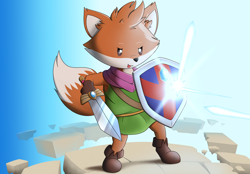 Size: 4300x3000 | Tagged: safe, artist:navanastra, ruin seeker (tunic), canine, fox, mammal, anthro, tunic (game), :p, clothes, deflection, male, projectile, scarf, shield, shoes, solo, solo male, sword, tongue, tongue out, tunic, weapon