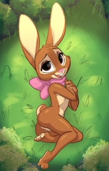 Size: 2612x4096 | Tagged: safe, artist:siroc, lagomorph, mammal, rabbit, anthro, 2022, brown body, brown fur, butt, cadbury, female, fur, grass, looking at you, lying down, on side, open mouth, solo, solo female