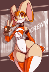 Size: 1275x1850 | Tagged: suggestive, artist:r-mk, cream the rabbit (sonic), lagomorph, mammal, rabbit, anthro, sega, sonic the hedgehog (series), 2022, belly button, bikini, black nose, breasts, cameltoe, clothes, digital art, ears, evening gloves, eyelashes, female, fur, gloves, legwear, long gloves, older cream the rabbit, small breasts, solo, solo female, stockings, swimsuit, tail, thighs, wide hips