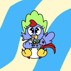 Size: 1280x1280 | Tagged: safe, artist:bluedeerfox14, furbooru exclusive, scratch (sonic), badnik, bird, chicken, fictional species, galliform, robot, anthro, sega, sonic the hedgehog (series), 2022, baby, bonnet, bottle, chick, container, cute, diaper, drinking, eyelashes, feathers, male, milk, tail, tail feathers, young, younger