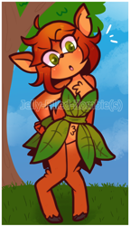 Size: 1200x2085 | Tagged: safe, artist:jelly-filled-zombies, elora (spyro), faun, fictional species, mammal, anthro, unguligrade anthro, spyro the dragon (series), bottomless, chest fluff, clothes, female, fluff, hair, hand on hip, hooves, leaf, looking at you, nudity, obtrusive watermark, open mouth, outdoors, partial nudity, plant, solo, solo female, tree, unshorn fetlocks, watermark