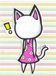 Size: 1129x1529 | Tagged: safe, artist:jelly-filled-zombies, blanca (animal crossing), cat, feline, mammal, anthro, animal crossing, nintendo, 2012, clothes, dress, exclamation point, female, fur, no face, solo, solo female, tail, traditional art, white body, white fur