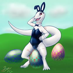Size: 4096x4096 | Tagged: safe, artist:spe, crusch lulu (overlord), lizard, reptile, anthro, digitigrade anthro, overlord (light novel), 2022, absurd resolution, albino, big tail, body markings, bow, bow tie, bunny suit, clothes, cloud, day, detailed background, digital art, easter, easter egg, egg, eyelashes, fake ears, female, latex, latex clothes, long tail, looking at you, outdoors, red eyes, scales, signature, sitting, smiling, solo, solo female, tail, thick thighs, thighs, white scales