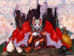 Size: 1600x1200 | Tagged: safe, artist:iscafox, oc, oc:rosepunk, canine, fictional species, fox, kitsune, mammal, anthro, 2022, auction, blonde hair, cherry blossoms, clipstudiopaint, clothes, commission, digital art, dress, drink, ears, flower, food, fruit, fur, gold, hair, heterochromia, looking at you, multiple tails, plant, sake, signature, tail, tea, white body, white fur, ych