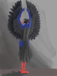 Size: 2448x3264 | Tagged: safe, bird, anthro, blue body, blue feathers, feathers, femboy, gray body, gray feathers, male, purple swamp bird