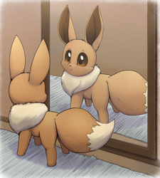 Size: 1722x1913 | Tagged: safe, artist:otakuap, eevee, eeveelution, fictional species, mammal, feral, nintendo, pokémon, 2022, 2d, behaving like a cat, black nose, butt, cute, digital art, ears, fluff, fur, looking at each other, male, mirror, neck fluff, paws, rear view, reflection, solo, solo male, tail, this will not end well