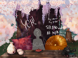 Size: 1600x1200 | Tagged: safe, artist:iscafox, oc, anthro, auction, blossom, cherry, cherry blossoms, clipstudiopaint, commission, digital art, drink, flower, food, fruit, fur, gold, japanese, plant, tea, tree, ych