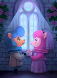 Size: 2400x3300 | Tagged: safe, artist:pancakesandhalibut, cyrus (animal crossing), reese (animal crossing), alpaca, mammal, anthro, animal crossing, nintendo, bouquet, clothes, couple, dress, duo, duo male and female, female, flower, indoors, lidded eyes, looking at each other, male, married couple, plant, shipping, sunbeam, wedding, wedding dress, wedding veil