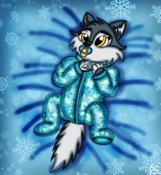 Size: 1200x1300 | Tagged: safe, artist:brownbearedurardo, porsha crystal (sing), canine, mammal, wolf, illumination entertainment, sing (film), 2022, baby, bed, cute, onesie, pacifier, snowflake, young