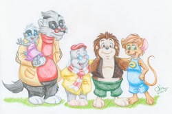 Size: 812x538 | Tagged: safe, artist:ghis, abigail (once upon a forest), badger, hedgehog, mammal, mole, mouse, mustelid, rodent, semi-anthro, hanna-barbera, once upon a forest, 2014, blue eyes, bottomwear, brown body, brown eyes, brown fur, clothes, cornelius (once upon a forest), dress, edgar (once upon a forest), female, field mouse, fur, glasses, gray body, gray fur, green eyes, group, hat, headwear, looking at you, male, michelle (once upon a forest), murine, overalls, russell (once upon a forest), scarf, shorts, traditional art, young