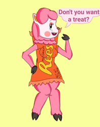 Size: 908x1153 | Tagged: safe, artist:thebonezonedeluxe, reese (animal crossing), alpaca, mammal, anthro, unguligrade anthro, animal crossing, nintendo, reese's peanut butter cups, blush sticker, breasts, clothes, cloven hooves, dialogue, eyeshadow, female, flirting, fluff, hand on hip, hooves, looking at you, makeup, neck fluff, nipple outline, open mouth, open smile, pun, simple background, smiling, solo, solo female, speech bubble, talking, talking to viewer, visual pun, yellow background