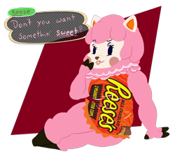 Size: 1250x1100 | Tagged: safe, artist:thebonezonedeluxe, reese (animal crossing), alpaca, mammal, anthro, animal crossing, nintendo, reese's peanut butter cups, blush sticker, camelid, clothes, cloven hooves, dialogue, eyebrows, female, flirting, fluff, hooves, looking at you, neck fluff, pun, raised eyebrow, remake, solo, solo female, talking, talking to viewer, ungulate, visual pun