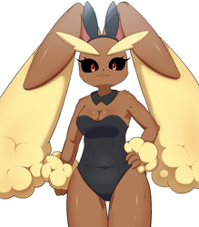 Size: 1200x1370 | Tagged: safe, artist:sum, fictional species, lagomorph, lopunny, mammal, rabbit, anthro, nintendo, pokémon, 2022, arm fluff, black sclera, breasts, bunny ears, bunny suit, clothes, colored sclera, digital art, ear fluff, ears, eyebrows, eyelashes, female, fluff, fur, hand on hip, looking at you, pink nose, simple background, solo, solo female, tail, thighs, white background, wide hips