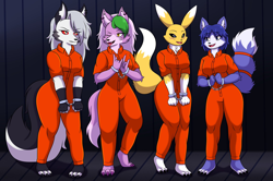 Size: 2048x1361 | Tagged: safe, artist:jseph04, krystal (star fox), loona (vivzmind), roxanne wolf (fnaf), canine, fictional species, fox, hellhound, mammal, renamon, wolf, anthro, digitigrade anthro, digimon, five nights at freddy's, five nights at freddy's: security breach, hazbin hotel, helluva boss, nintendo, star fox, clothes, cuffed, cuffs, female, females only, handcuffed, handcuffs, jumpsuit, prison outfit, prisoner, quartet, varying degrees of want