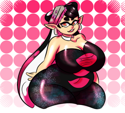 Size: 1500x1350 | Tagged: safe, artist:msprismatic, callie (splatoon), animal humanoid, fictional species, inkling, mollusk, squid, humanoid, nintendo, splatoon, 2018, beauty mark, big belly, breasts, cleavage, clothes, cross-shaped pupils, ear piercing, earring, fat, female, hat, headwear, huge breasts, huge hips, huge thighs, looking at you, open mouth, overweight, pattern background, piercing, pointy ears, solo, solo female, unusual pupils, yellow eyes