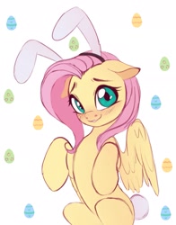 Size: 1713x2186 | Tagged: safe, artist:vettacutepony, fluttershy (mlp), equine, fictional species, mammal, pegasus, pony, feral, friendship is magic, hasbro, my little pony, 2022, bunny ears, eyelashes, feathered wings, feathers, female, green eyes, hair, looking at you, mane, mare, pink hair, pink mane, smiling, smiling at you, solo, solo female, wings, yellow body