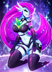 Size: 2100x2900 | Tagged: safe, artist:koveliana, oc, oc only, fictional species, gardevoir, anthro, nintendo, pokémon, 2021, anthrofied, belly button, bra, breasts, clothes, commission, evening gloves, female, gloves, hair, high res, latex, latex bra, latex gloves, latex panties, latex stockings, legwear, lingerie, long gloves, long hair, midriff, panties, smiling, solo, solo female, sparkles, stockings, teeth, underwear
