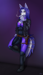 Size: 812x1400 | Tagged: safe, artist:pkuai, oc, oc only, canine, fox, mammal, anthro, plantigrade anthro, 2019, bedroom eyes, black nose, bodysuit, boots, breasts, cigarette, clothes, commission, digital art, ears, eyelashes, female, fur, hair, jacket, leather jacket, looking at you, shoes, smoking, solo, solo female, suit, tail, thighs, tight clothing, topwear, vixen, wide hips