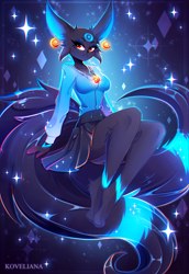 Size: 2200x3200 | Tagged: safe, artist:koveliana, eeveelution, fictional species, mammal, umbreon, anthro, nintendo, pokémon, 2021, black nose, bottomwear, breasts, clothes, commission, female, fluff, high res, jewelry, long sleeves, necklace, skirt, solo, solo female, tail, tail fluff