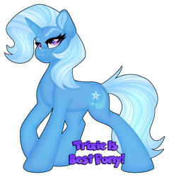 Size: 1280x1338 | Tagged: safe, artist:missbramblemele, trixie (mlp), equine, fictional species, mammal, pony, unicorn, feral, friendship is magic, hasbro, my little pony, 2022, black background, blue body, ear fluff, eyebrows, eyelashes, female, fluff, hair, hooves, horn, lidded eyes, looking at you, mane, mare, purple eyes, raised eyebrow, simple background, smiling, solo, solo female, sparkly eyes, standing, tail, text, transparent background, white hair, white mane, white tail, wingding eyes