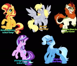 Size: 2048x1751 | Tagged: safe, artist:missbramblemele, autumn blaze (mlp), derpy hooves (mlp), starlight glimmer (mlp), sunset shimmer (mlp), trixie (mlp), equine, fictional species, kirin, mammal, pegasus, pony, unicorn, feral, friendship is magic, hasbro, my little pony, 2022, :t, black background, blep, blonde hair, blonde mane, blonde tail, blue body, cute, ear fluff, eye through hair, eyebrow through hair, eyebrows, eyelashes, feathered wings, feathers, female, females only, fluff, flying, gray body, green eyes, grin, group, hair, happy, hooves, horn, leonine tail, lidded eyes, looking at you, mane, mare, multicolored hair, multicolored mane, multicolored tail, open mouth, pink body, purple eyes, raised eyebrow, raised hoof, rearing, simple background, sitting, smiling, sparkly eyes, spread wings, standing, stars, tail, text, tongue, tongue out, transparent background, two toned hair, two toned tail, underhoof, white hair, white mane, white tail, wingding eyes, wings