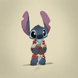 Size: 2500x2500 | Tagged: safe, artist:pointedfox, stitch (lilo & stitch), alien, experiment (lilo & stitch), fictional species, disney, lilo & stitch, 2022, 3 toes, aloha shirt, bendy straw, black eyes, blue body, blue fur, blue nose, bottomless, chest fluff, claws, clothes, coconut drink, colored sketch, ears, fluff, fur, gradient background, head fluff, holding, holding object, nudity, partial nudity, shirt, signature, simple background, sketch, solo, standing, straw, topwear, torn ear, yellow background