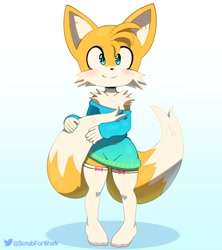 Size: 1600x1804 | Tagged: safe, artist:somescrub, miles "tails" prower (sonic), canine, fox, mammal, red fox, anthro, sega, sonic the hedgehog (series), 2020, chest fluff, clothes, crossdressing, femboy, fluff, legwear, male, multiple tails, simple background, smiling, solo, solo male, standing, tail, thigh highs