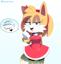 Size: 3000x3164 | Tagged: safe, artist:somescrub, miles "tails" prower (sonic), canine, fox, mammal, red fox, anthro, sega, sonic the hedgehog (series), 2020, chest fluff, clothes, crossdressing, dialogue, dress, femboy, fluff, heart, lipstick, makeup, male, multiple tails, question, simple background, smiling, solo, solo male, speech bubble, standing, tail, talking