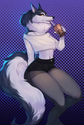 Size: 853x1280 | Tagged: safe, artist:monian, porsha crystal (sing), canine, mammal, wolf, anthro, digitigrade anthro, illumination entertainment, sing (film), 2022, belly button, black nose, bottomwear, breasts, bubble tea, clothes, digital art, drink, ears, eyelashes, female, fluff, fur, holding, legwear, looking at you, neck fluff, pose, shorts, simple background, solo, solo female, stockings, tail, tank top, thighs, topwear, wide hips