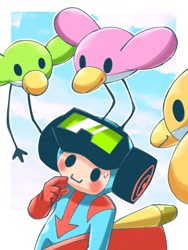 Size: 675x900 | Tagged: safe, artist:rai_8ya, airboarder (rhythm heaven), bird, fictional species, halfling, huebird, mammal, feral, humanoid, nintendo, rhythm heaven, 2022, :], airboard, ambiguous gender, cloud, flying, goggles, goggles on head, hand on face, male, male focus, sky, solo focus, sweat, wings
