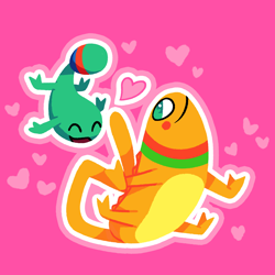 Size: 2000x2000 | Tagged: safe, artist:thatguynamedjoe, lizard, reptile, feral, nintendo, rhythm heaven, blushing, cute, duo, eyelashes, female, feral/feral, heart, high angle, high res, holiday, looking up, male, male/female, maracas, open mouth, pink background, scales, simple background, tail, unnamed character, valentine's day