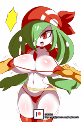 Size: 2834x4251 | Tagged: suggestive, artist:lucyfercomic, may (pokémon), fictional species, gardevoir, anthro, nintendo, pokémon, 2019, bandanna, belly button, big breasts, bikini, blushing, breasts, clothes, digital art, disembodied hand, eyelashes, female, female focus, jacket, legwear, micro bikini, moaning, nipple pinch, nipple play, one eye closed, open mouth, pokémon trainer, shivering, simple background, solo, solo female, solo focus, stockings, swimsuit, thighs, tongue, topwear, white background, wide hips