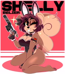 Size: 2800x3220 | Tagged: safe, artist:wirelessshiba, oc, oc only, oc:shelly (wirelessshiba), mammal, rodent, squirrel, anthro, 2022, bow, bow tie, breasts, bunny ears, bunny suit, clothes, easter, fake ears, female, fingerless gloves, gloves, gun, handgun, kneeling, leotard, looking at you, one eye closed, pistol, silencer, solo, solo female, weapon
