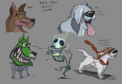 Size: 1024x704 | Tagged: safe, artist:mad munchkin, balto (balto), dodger (oliver & company), max (the little mermaid), canine, dog, fictional species, hybrid, jack russell terrier, mammal, skeleton (undead), terrier, undead, wolf, wolfdog, feral, balto (series), disney, oliver & company, the little mermaid (disney), warner brothers, 2d, bone, corpse bride, crossover, deviantart watermark, food, glasses, gray background, group, male, males only, mask, meat, milo (the mask), sausage, scraps (corpse bride), sheepdog, simple background, skeleton, son of the mask, sunglasses, the mask, tim burton, watermark