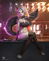 Size: 1024x1280 | Tagged: safe, artist:hacatiko, loona (vivzmind), canine, fictional species, hellhound, mammal, anthro, digitigrade anthro, hazbin hotel, helluva boss, 2022, breasts, clothes, ears, female, gray hair, hair, long hair, looking at you, nipple outline, smiling, smiling at you, solo, solo female, tail, thick thighs, thighs