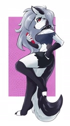 Size: 1425x2550 | Tagged: safe, artist:ambris, loona (vivzmind), canine, fictional species, hellhound, mammal, anthro, digitigrade anthro, hazbin hotel, helluva boss, 2022, abstract background, border, breasts, cell phone, clothes, ears, female, gray hair, hair, leaning, leaning against something, long hair, looking at you, phone, phone use, red eyes, side view, smartphone, solo, solo female, tail, thighs, white border