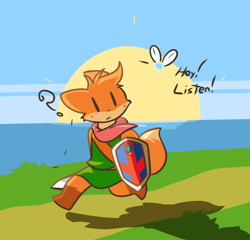 Size: 2500x2400 | Tagged: safe, artist:mr-degration, navi (zelda), ruin seeker (tunic), canine, fairy, fictional species, fox, mammal, anthro, nintendo, the legend of zelda, the legend of zelda: ocarina of time, tunic (game), ambiguous gender, day, ocean, outdoors, question mark, running, shield, solo, solo ambiguous, sun, sunrise, sword, water, weapon