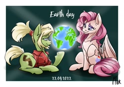 Size: 2048x1448 | Tagged: safe, artist:mekblue, oc, oc only, oc:joyful jewel, oc:milli, earth pony, equine, fictional species, mammal, pegasus, pony, feral, friendship is magic, hasbro, my little pony, 2022, clothes, duo, duo female, earth, earth day, eponafest, feathered wings, feathers, female, females only, mare, mascot, planet, sitting, smiling, tail, wings