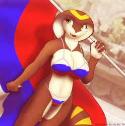 Size: 991x1000 | Tagged: safe, artist:spotty the cheetah, oc, oc only, oc:shandi, cobra, reptile, snake, anthro, 2009, beach, belly button, big breasts, bikini, breasts, cleavage, clothes, digital art, eyelashes, fangs, female, flag, flag bikini, green eyes, midriff, nudity, open mouth, partial nudity, scales, sharp teeth, solo, solo female, swimsuit, tail, teeth, thighs, tongue, tongue out, wide hips