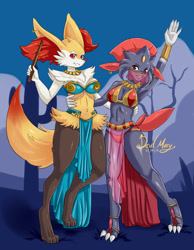 Size: 1400x1800 | Tagged: safe, artist:devilmary, braixen, canine, fennec fox, fictional species, fox, mammal, weavile, anthro, digitigrade anthro, nintendo, pokémon, 2017, anthrofied, armpits, belly button, belly dancer, belly dancer outfit, breasts, cactus, claws, cleavage, clothes, commission, dancer, duo, duo female, ear piercing, earring, female, females only, loincloth, looking at you, nudity, on one leg, open mouth, open smile, outdoors, panties, partial nudity, piercing, raised arm, red eyes, side hug, signature, smiling, starter pokémon, stick, tail, toe claws, toes, underwear, veil