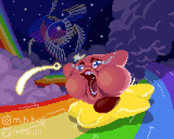Size: 800x640 | Tagged: safe, artist:mhbali, galeem (super smash bros.), kirby (kirby), fictional species, puffball (kirby), kirby (series), nintendo, super smash brothers, animated, crying, deity, duo, gif, male, open mouth, pink body, pixel animation, pixel art, rainbow, super smash bros ultimate, tears, teeth, wat