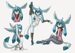Size: 4096x2892 | Tagged: safe, artist:tinygaypirate, eeveelution, fictional species, glaceon, mammal, anthro, plantigrade anthro, nintendo, pokémon, 2022, adorasexy, anthrofied, ballet, belly button, bikini, blue body, blue fur, blue hair, clothes, cute, female, fur, glasses, hair, high res, meganekko, midriff, one leg raised, panties, purple eyes, raised leg, reasonably sized breasts, round glasses, scarf, sexy, sketch page, solo, solo female, standing split, sweater, swimsuit, tank top, thong, topwear, underwear