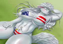Size: 1280x895 | Tagged: suggestive, artist:milkydreams, oc, oc only, arctic fox, canine, equine, fictional species, fox, mammal, pony, unicorn, anthro, feral, 2022, american flag bikini, armpits, arms behind head, belly button, big breasts, bikini, black nose, blushing, breasts, clothes, commission, digital art, duo, ears, eyelashes, eyes closed, female, flag bikini, fur, hair, horn, macro, male, nipple outline, sleeping, swimsuit, tail, thighs, vixen, wide hips, ych result