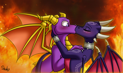 Size: 2800x1660 | Tagged: safe, artist:drako1997, cynder the dragon (spyro), spyro the dragon (spyro), dragon, fictional species, reptile, scaled dragon, western dragon, feral, spyro the dragon (series), the legend of spyro, 2017, blushing, choker, digital art, dragon wings, dragoness, duo, eyelashes, eyes closed, female, feral/feral, high res, horns, kissing, male, male/female, scales, shipping, spread wings, tail, wings