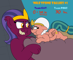 Size: 3500x2871 | Tagged: safe, artist:rupertbluefox, somnambula (mlp), sphinx (mlp), equine, feline, fictional species, mammal, pegasus, pony, sphinx, series:miles&nilesofcat&fat, friendship is magic, hasbro, my little pony, belly, belly bed, big belly, blushing, butt, desert, duo, duo female, egyptian, evil grin, eyeshadow, fat, fat fetish, female, females only, fetish, grin, huge belly, hyper, hyper belly, incentive drive, lidded eyes, lying down, makeup, mare, missing accessory, prone, puffy cheeks, pyramid, smiling, teeth, weight gain